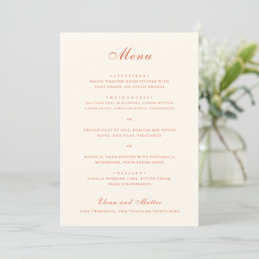 Elegante Terracotta Moderne Klassieke Bruiloft Menu (Staand voorkant)