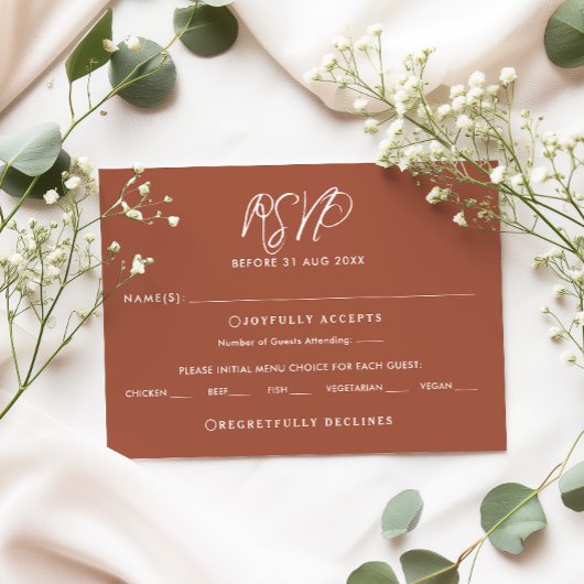 Elegante Terracotta Script Fall Wedding RSVP-kaart Kaart