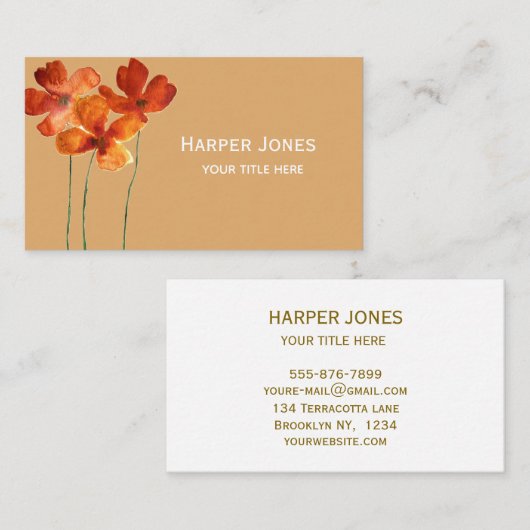 Elegante Terracotta Waterverf Herfst Boho Floral Visitekaartje (Voorkant / Achterkant)