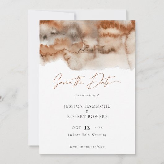 Elegante Terracotta Waterverf Kalligrafie Save The Date (Voorkant)