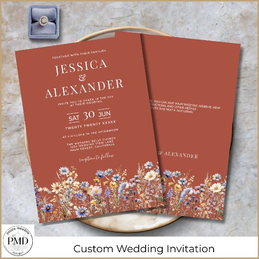 Elegante Terracotta Waterverf Wildflowers Wedding Kaart