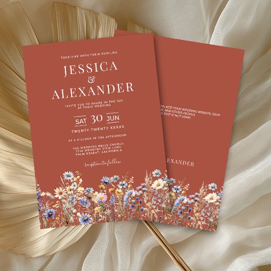 Elegante Terracotta Waterverf Wildflowers Wedding Kaart