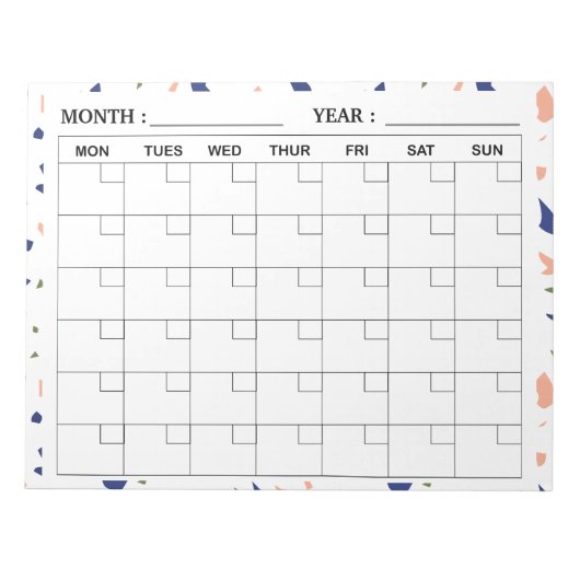 Elegante Terrazzo maandelijkse kalender planner Notitieblok (Voorkant)