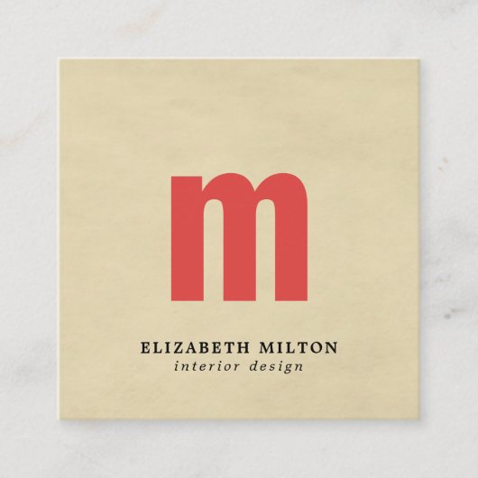 Elegante textuur Beige Monogram Interieurontwerper Vierkante Visitekaartje (Voorkant)