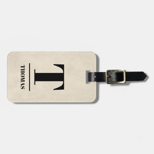 Elegante textuur beige vet zwart monogram bagagelabel (Voorkant horizontaal)