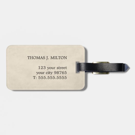 Elegante textuur beige vet zwart monogram bagagelabel (Achterkant horizontaal)