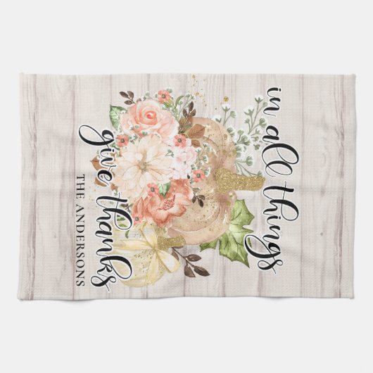 Elegante Thanksgiving chique bloemige pompoen naam Theedoek (Horizontaal)