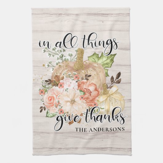 Elegante Thanksgiving chique bloemige pompoen naam Theedoek (Verticaal)