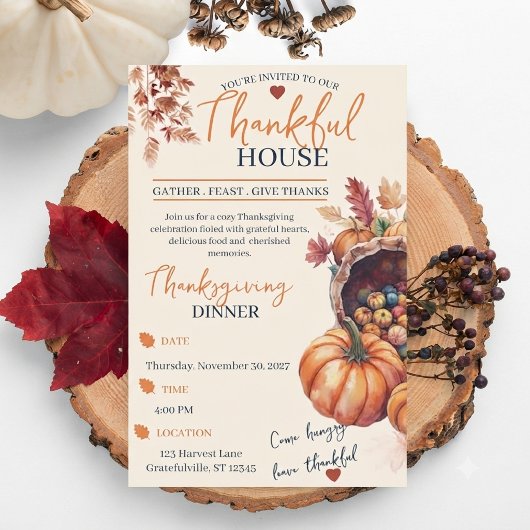 Elegante Thanksgiving-diner Pompoen Herfstbladeren Kaart