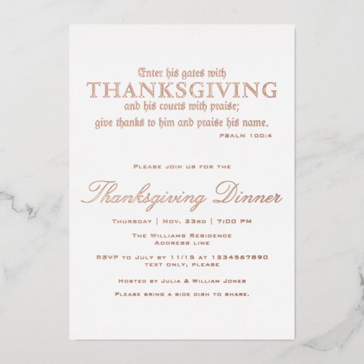 Elegante Thanksgiving Dinner Party Psalm 100:4 Folie Uitnodiging (Voorkant)