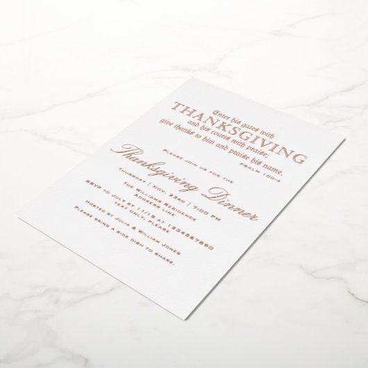 Elegante Thanksgiving Dinner Party Psalm 100:4 Folie Uitnodiging (Gedraaid)