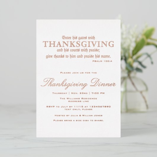 Elegante Thanksgiving Dinner Party Psalm 100:4 Folie Uitnodiging (Staand Voorkant)