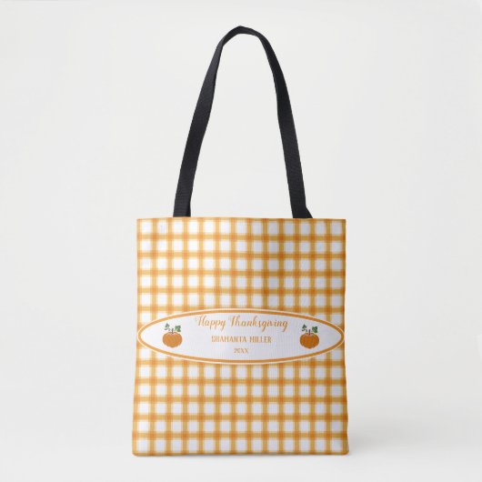 Elegante Thanksgiving Geel Sinaasappel Plaid Pompo Tote Bag (Voorkant)
