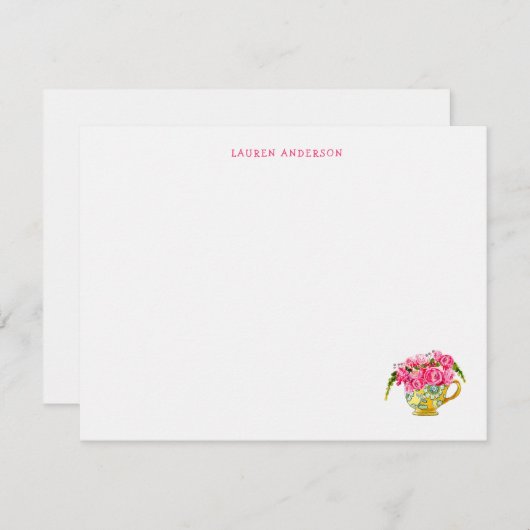 Elegante Theekop met roze rozen plat Dank u Bedankkaart (Voorkant / Achterkant)