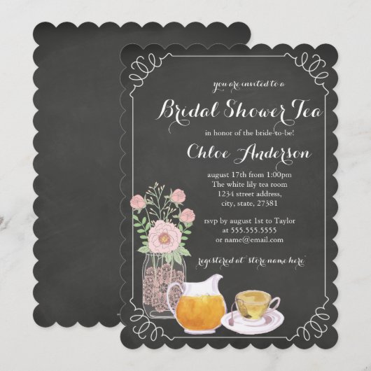Elegante theekopje schoolbord bruids douche uitnod kaart (Voorkant / Achterkant)