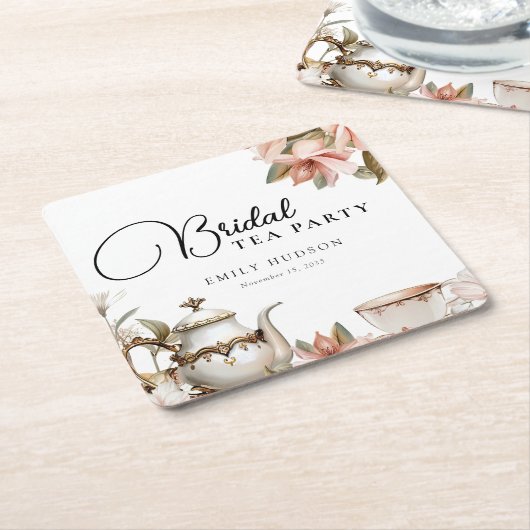 Elegante theepartij bruidsuitnodiging kartonnen onderzetters (Schuin)