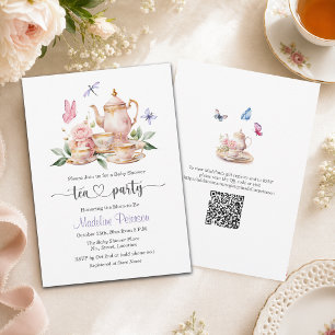 Elegante theepartij QR-code vlinder babyshower Kaart