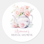 Elegante theepot en Blush Pink Roses Vrijgezellenf Ronde Sticker (Voorkant)