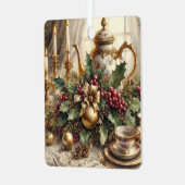 Elegante  theepot en kerstbloem metalen ornament (Voorkant links)