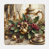 Elegante  theepot en kerstbloem metalen ornament (Voorkant)