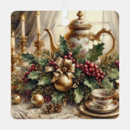 Elegante  theepot en kerstbloem metalen ornament