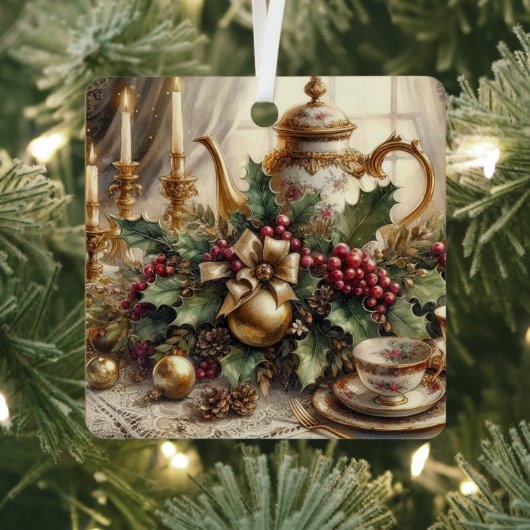 Elegante  theepot en kerstbloem metalen ornament (Insitu)