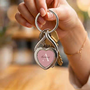Elegante Theeroos Roze Monogram Naam Hart Sleutelhanger