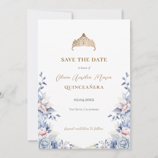 Elegante Tiara Floral Quinceañera Foto Save The Date (Voorkant)