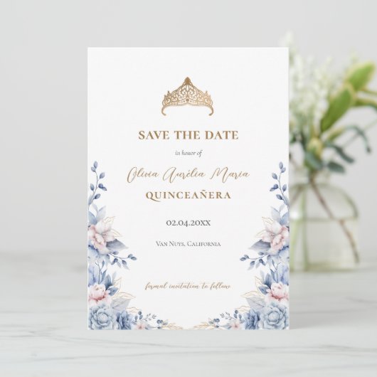 Elegante Tiara Floral Quinceañera Foto Save The Date (Staand voorkant)