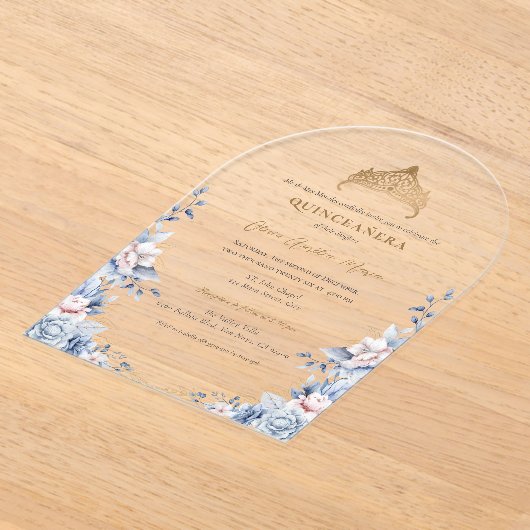 Elegante Tiara Gold Blue rozen Quinceañera Acryl Uitnodigingen (Laagn)