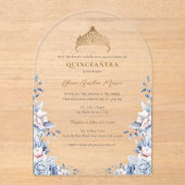 Elegante Tiara Gold Blue rozen Quinceañera Acryl Uitnodigingen (Voorkant)