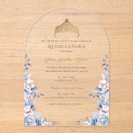 Elegante Tiara Gold Blue rozen Quinceañera Acryl Uitnodigingen (Voorkant)