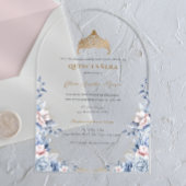 Elegante Tiara Gold Blue rozen Quinceañera Acryl Uitnodigingen