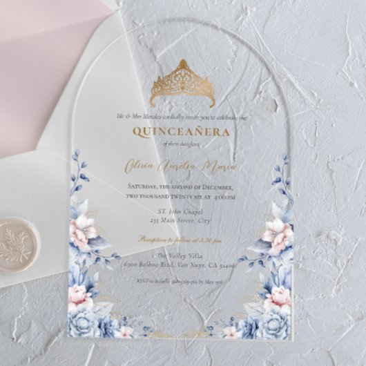 Elegante Tiara Gold Blue rozen Quinceañera Acryl Uitnodigingen