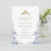 Elegante Tiara Gold Blue rozen Quinceañera Kaart (Staand voorkant)
