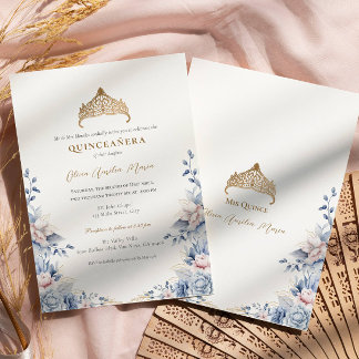 Elegante Tiara Gold Blue rozen Quinceañera Kaart