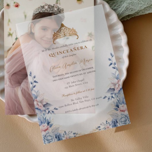 Elegante Tiara Gold Blue rozen Quinceañera Vellum Uitnodigingen