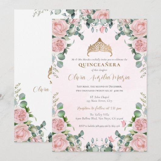Elegante Tiara Gold Pink Blush rozen Quinceañera Kaart (Voorkant / Achterkant)