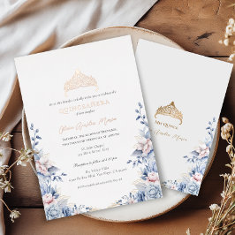 Elegante Tiara Roos Gouden Blauwe Rozen Quinceañer Folie Uitnodiging
