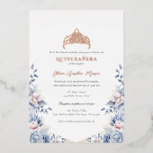 Elegante Tiara Roos Gouden Blauwe Rozen Quinceañer Folie Uitnodiging (Voorkant)