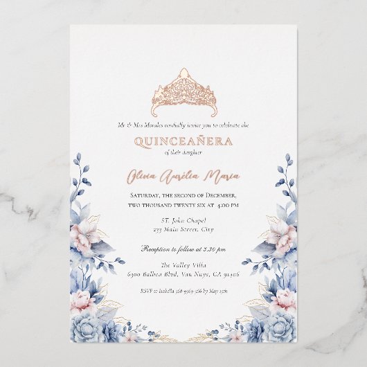Elegante Tiara Roos Gouden Blauwe Rozen Quinceañer Folie Uitnodiging (Voorkant)