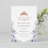 Elegante Tiara Roos Gouden Blauwe Rozen Quinceañer Folie Uitnodiging (Staand Voorkant)
