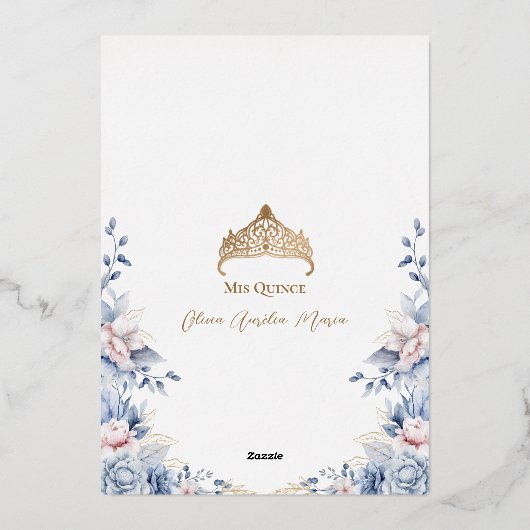 Elegante Tiara Roos Gouden Blauwe Rozen Quinceañer Folie Uitnodiging (Achterkant)