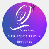 Elegante Tiara Roze Gradiënt 15e Quinceañera Naam Ronde Sticker (Voorkant)