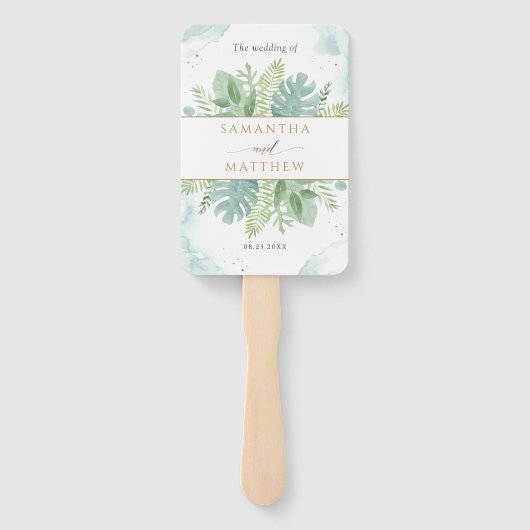 Elegante Tijdlijn en Welkom Waterverf Blauw Groen Handwaaier (Achterkant)