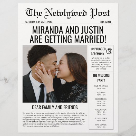 Elegante tijdlijn in krantenstijl huwelijksprogram flyer (Voorkant)