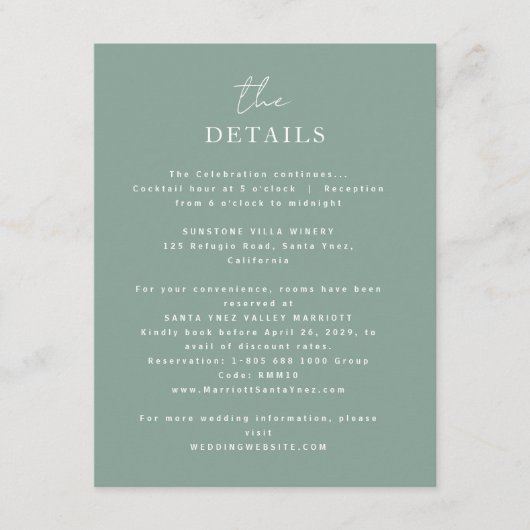 Elegante tijdloze groene bruiloft details informatiekaartje (Voorkant)