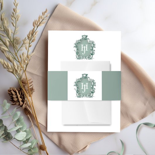 Elegante tijdloze groene monogram bruiloft uitnodigingen wikkel