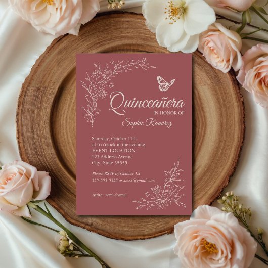 Elegante Tijdloze Roze Mauve Quinceañera Uitnodigi Kaart