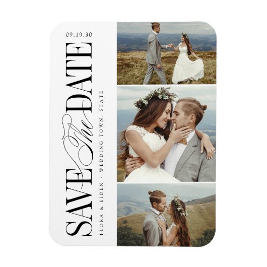 Elegante Tijdloze Typografie 3 Foto Save The Date Magneet (Verticaal)